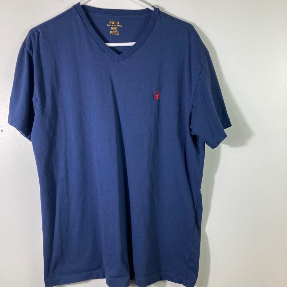 Mens Polo Ralph Lauren V Neck Short Sleeve Tee Shirt Blue Red Horse M